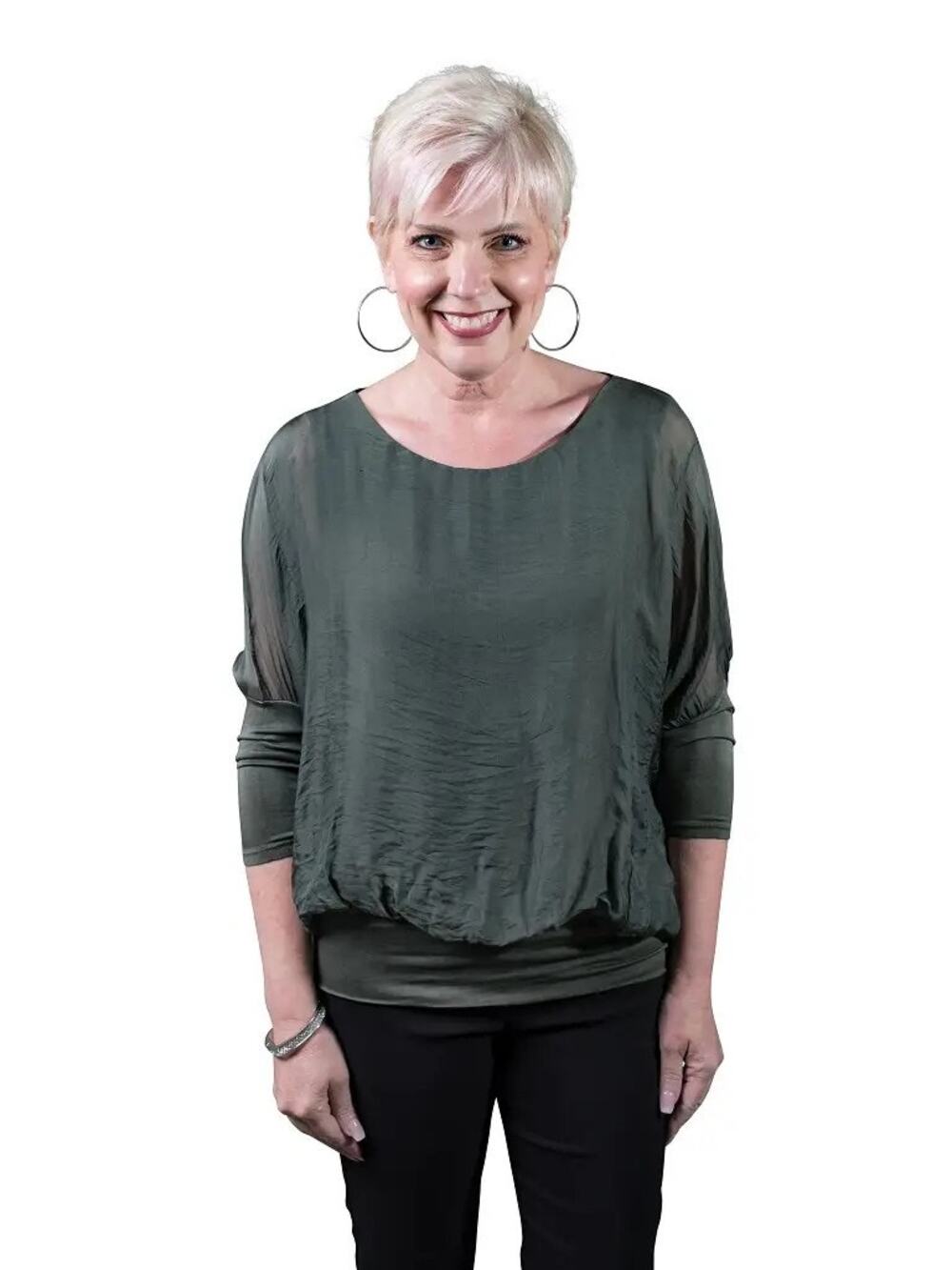 NWT Tina Stephens Rosa Lined Banded Silk Top Made Italy One Size ARMY GREEN